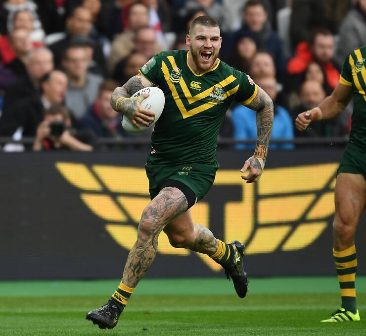 RUNAWAY: Dragons fullback Josh Dugan scores for Australia in the Four Nations. Picture: Mike Hewitt/Getty Images