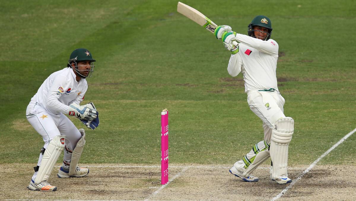 Whack: Usman Khawaja against Pakistan at Sydney Cricket Ground on January 6. Picture: Cameron Spencer/Getty Images