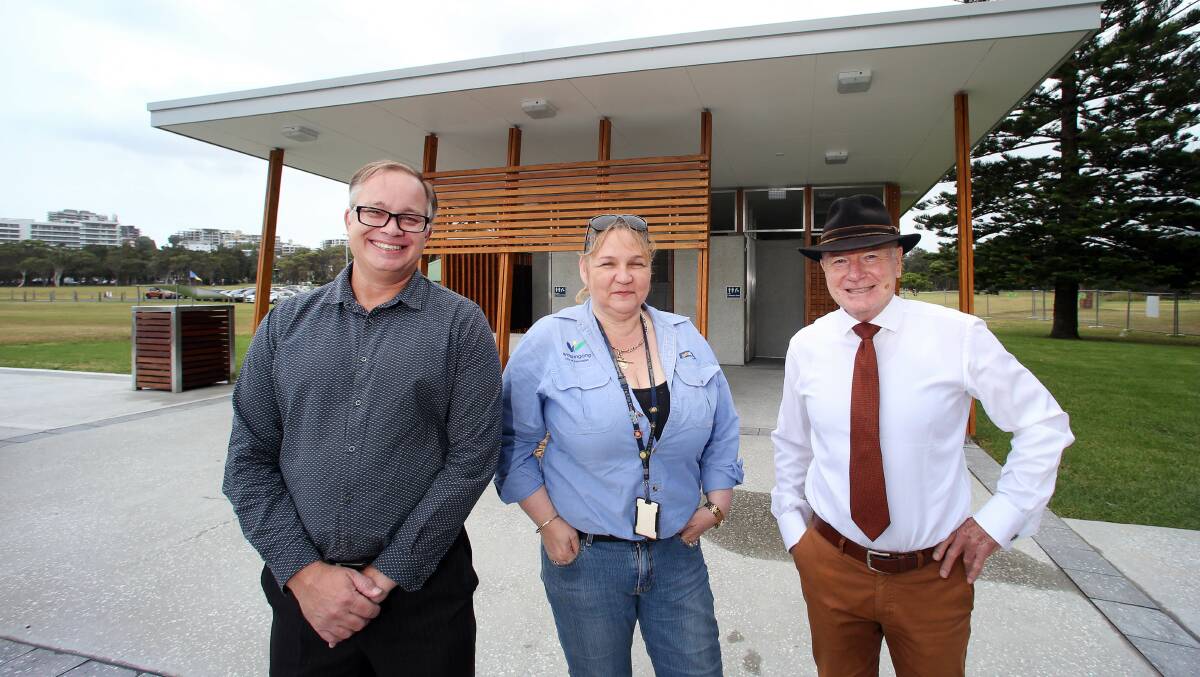 The Disability Trust information and advocacy services manager Sean O'Neill, Wollongong City Council project manager Kath Auld and Lord Mayor Gordon Bradbery outside the new amenities block. Picture: Sylvia Liber