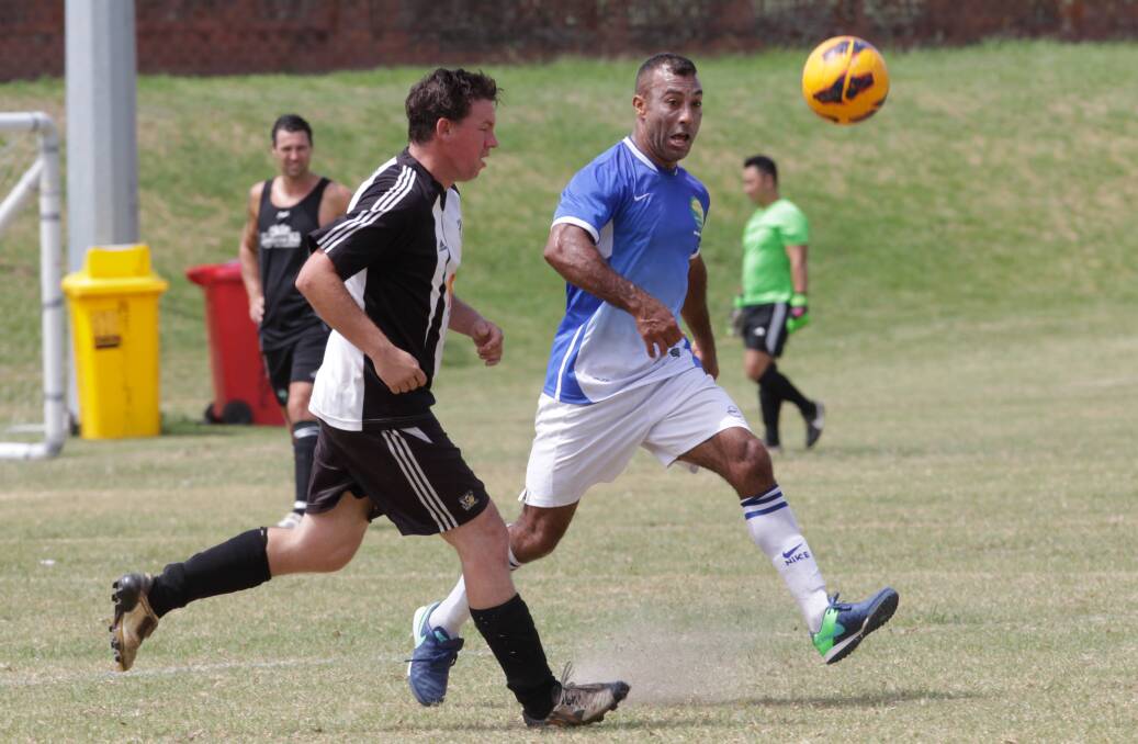 CLOSE CALL: Sydney Brazilian Soccer Club player Daniel Farias (right) against the Miranda Magpies. Pictures: Georgia Matts