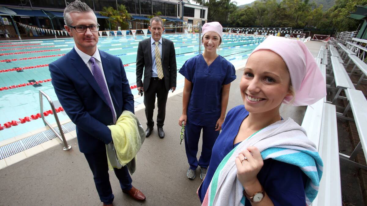 SPLASH: Wollongong Private Hospital's MS 24-hour Megaswim team includes David Crowe, Dr Rob McGrath, Ashlee Fripp and Elise Piucco. Picture: Robert Peet