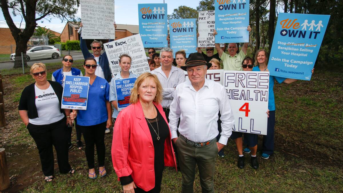 Opposition: Wollongong Lord Mayor Gordon Bradbery, Shellharbour Mayor Marianne Saliba and Shellharbour Hospital staff. Picture: Adam McLean 