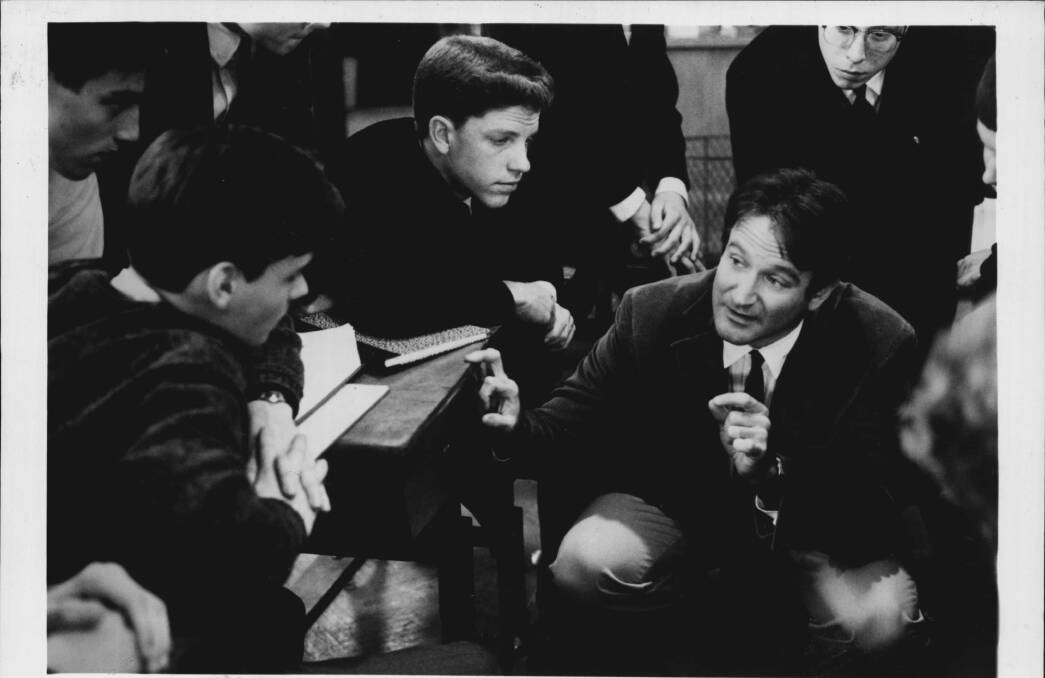 OH CAPTAIN, MY CAPTAIN: Neil Perry (Robert Sean Leonard, left), Richard Cameron (Dylan Kussman, centre) and Professor John Keating (Robin Williams) in director Peter Weir's 'Dead Poets Society' (1989). Picture: ROADSHOW DISTRIBUTORS