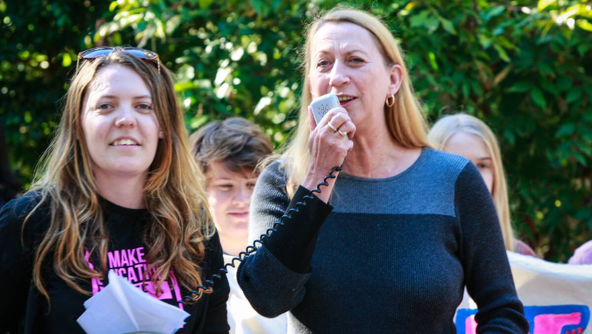 University of Wollongong student Chloe Rafferty and Cunningham MP Sharon Bird during a rally at UOW opposing the proposed cuts to universities. Picture: Georgia Matts
