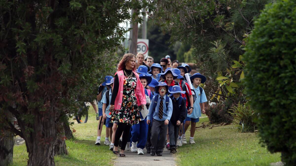 GREAT DAY TO WALK: St Pauls Primary Catholic School students in Albion Park taking part  in National Walk Safely to School Day. Picture: Sylvia Liber