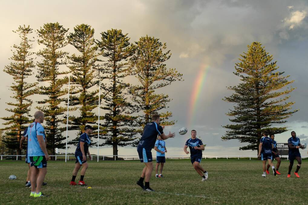 End of the rainbow: The NSW under 20 team trains at Kiama before Wednesday night's curtain-raiser at Suncorp Stadium. Picture: Adam McLean 