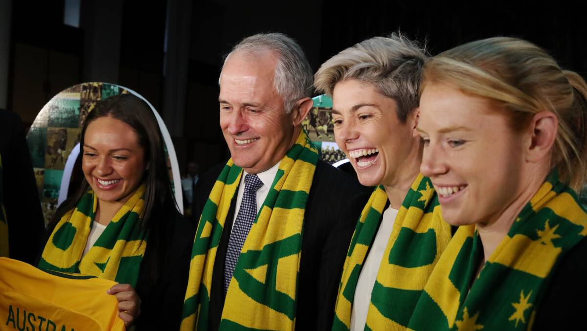 Prime Minister Malcolm Turnbull with Matildas Kyah Simon, Michelle Heyman and Clare Polkinghorne at Parliament House on Tuesday. Picture: Andrew Meares 