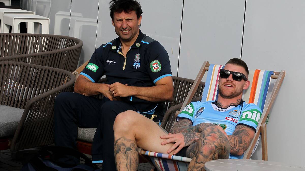 Relax: NSW coach Laurie Daley and NSW centre Josh Dugan. Picture: Ben Rushton/Fairfax Media