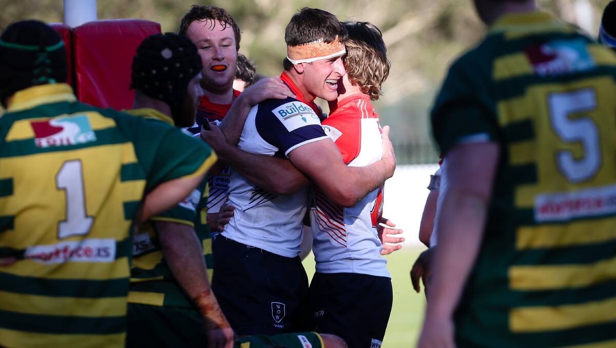 Finals bound: Uni's Andrew Rae celebrates during the Illawarra rugby victory over Shoalhaven on Saturday. Picture: Adam McLean