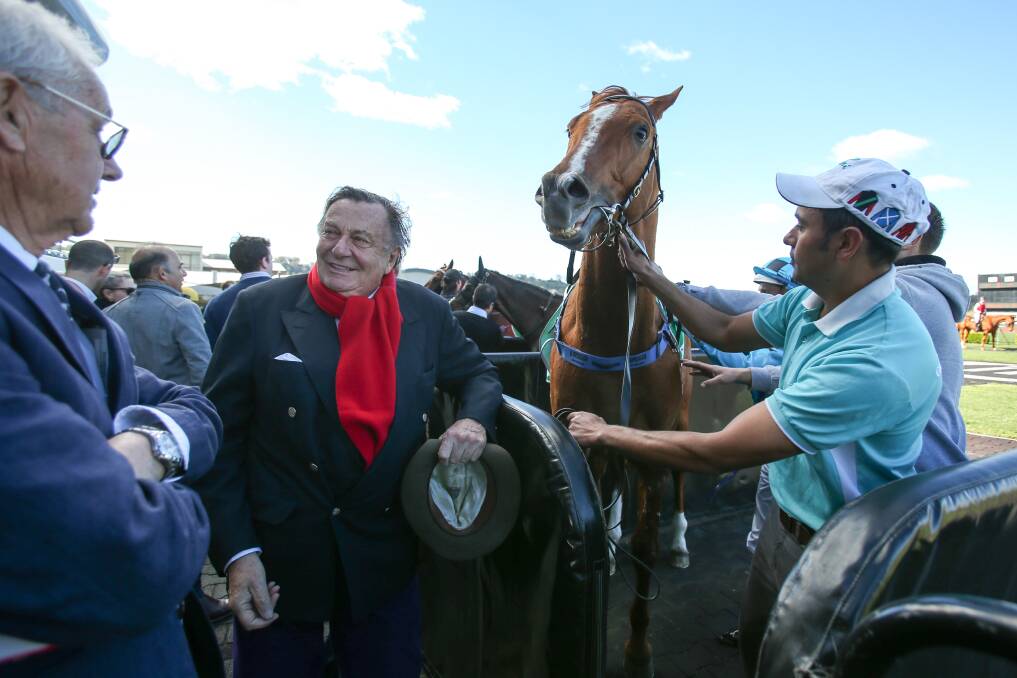 HAPPY DAYS: Entertainer Barry Humphries celebrated his first winner when Dante Rossetti saluted at Kembla Grange. Picture: ADAM McLEAN