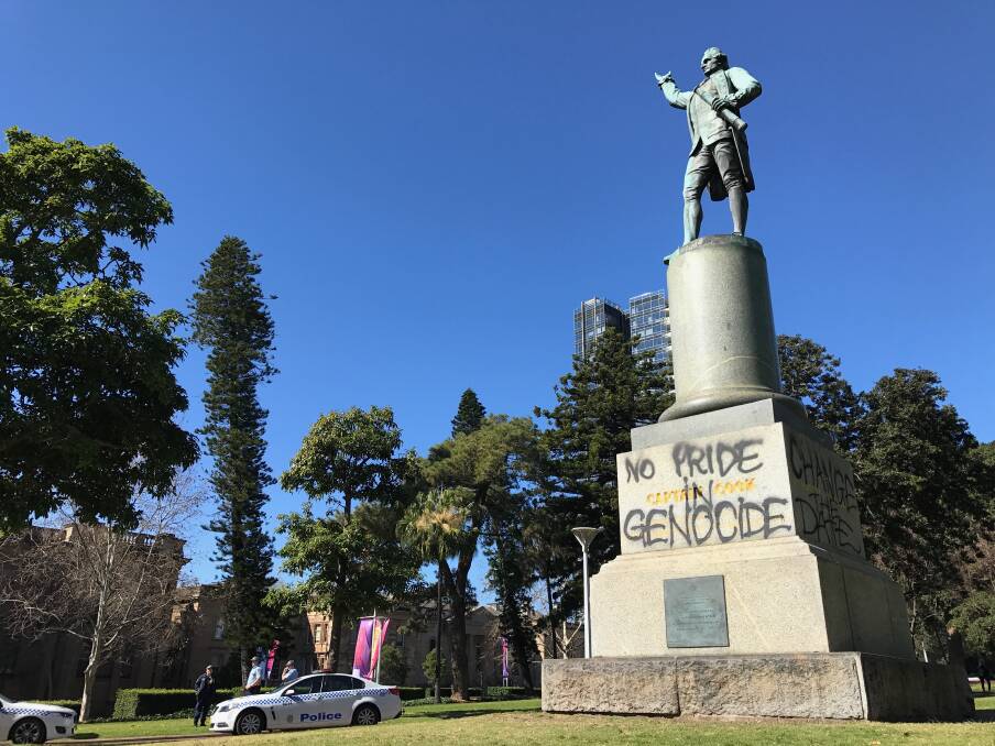 The recent defacing of statues in Hyde Park - including this one of Captain Cook - has highlighted the darker side of Australian history. Picture: Cole Bennetts
