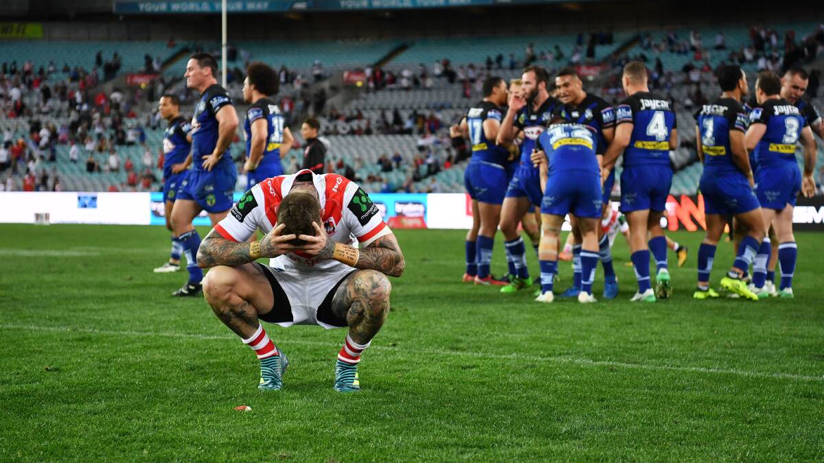 Down and out: Josh Dugan reacts after Dragons' loss to the Bulldogs.
