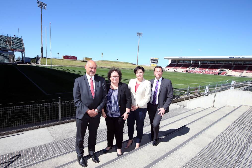Labor transport spokeswoman Jodi McKay (second from right) and Wollongong MP Paul Scully (right) - with Labor council candidates David Brown and Tania Brown - are concerned about the South Coast rail line's ability to handle the expected influx of people heading for the Elton John concert at WIN Stadium. Picture: Sylvia Liber 