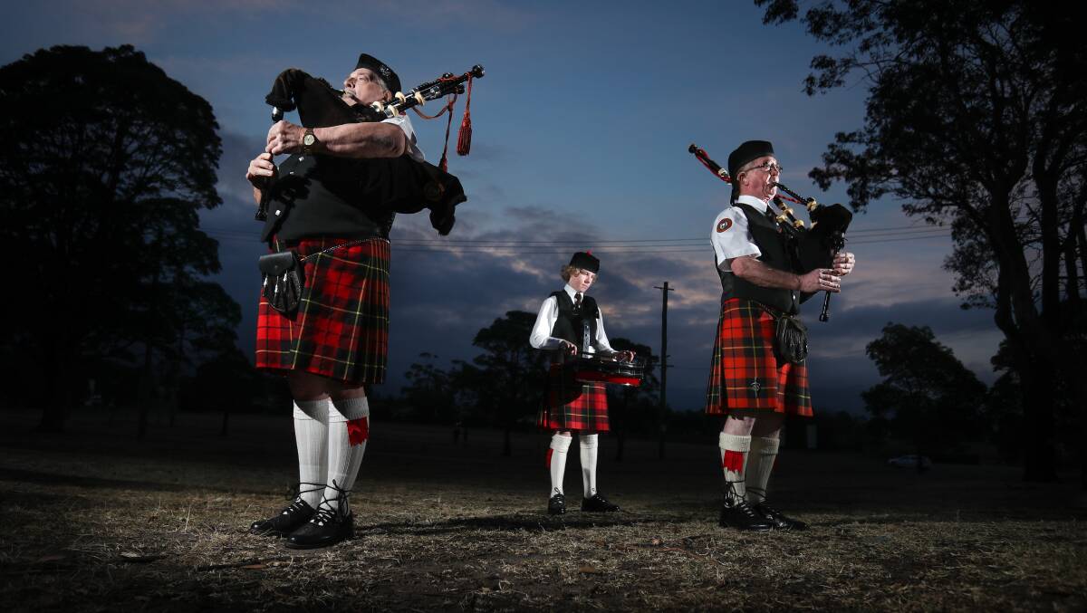 Illawarra Pipe Band members Bill Collins, Hayden Markham-Ball and Rod Mackenzie at the Albion Park showgrounds rehearsing for Dapto's Scottish Fair. Picture: Adam McLean