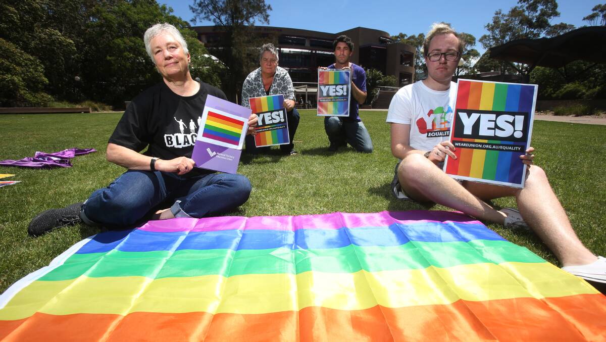 NOT HAPPY: Georgine Clarsen, Wendy Meyers, Martin Cubby and Josh Bell are disappointed the University of Wollongong is not raising the rainbow flag on campus. Picture: Robert Peet
