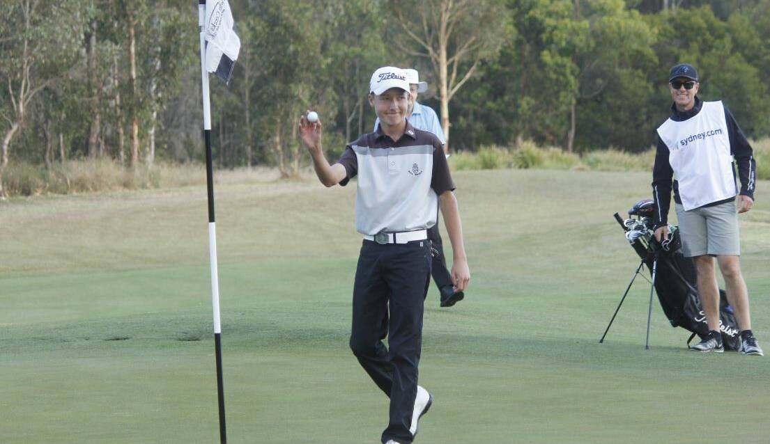 On target: Thomas Heaton, aged 15, after hitting a hole in one at second hole in first round of NSW Open. Picture:: PGA of Australia