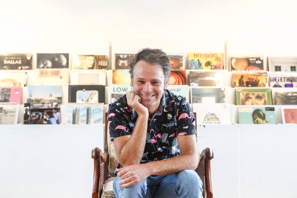 PIONEER: Aaron Curnow sells new vinyl from artists on his Spunk Records label, inside Black Gold in Thirroul. Picture: Adam McLean