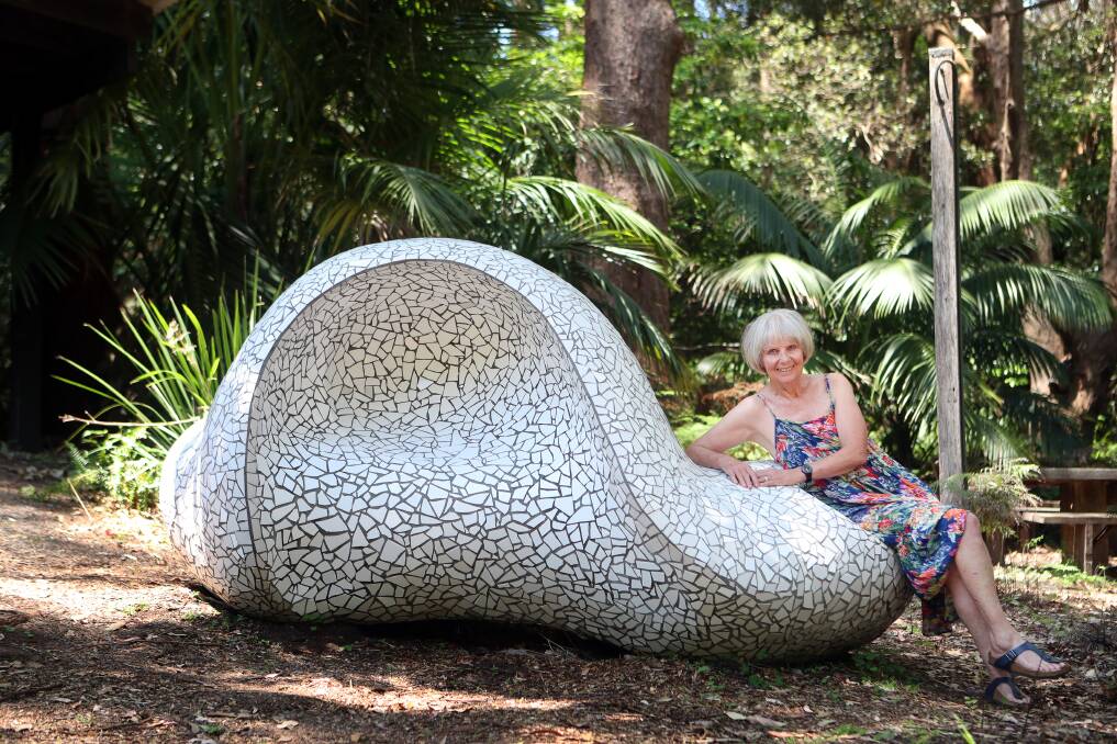 The 400 kilogram mosaic sculpture has a purpose built "selfie spot" on the narrow end where art lovers can sit comfortably and take a selfie. Picture: Sylvia Liber