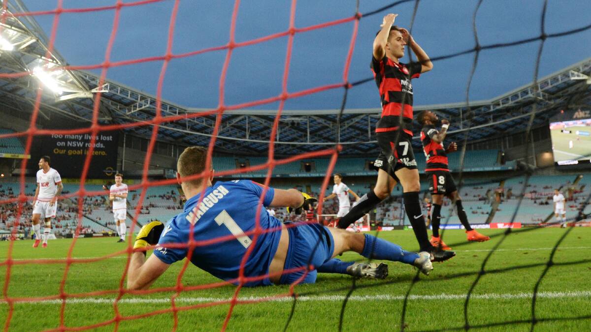 Close call: Steven Lustica of the Wanderers reacts during the draw with Adelaide. Picture: AAP Image/David Moir