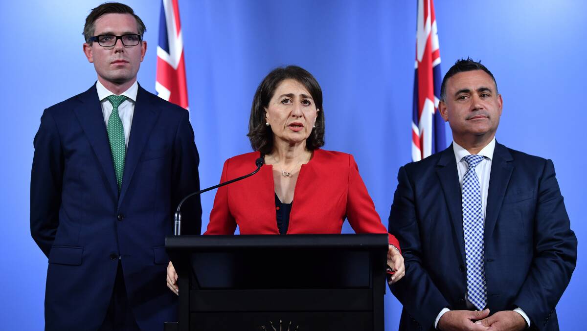 SNOWY HYDRO ANNOUNCEMENT: NSW Treasurer Dominic Perrottet, NSW Premier Gladys Berejiklian and NSW Deputy Premier John Barilaro speak to the media after the federal government bought the stakes held by NSW and Victoria in the Snowy Hydro project for $6 billion. Picture: AAP Image/Joel Carrett