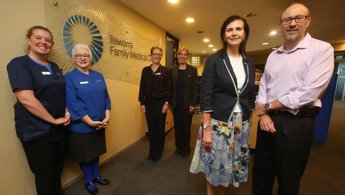 Funding boost: Illawarra Family Medical Centre staff Emily Franklin and Kath Kelly, Jodie Spark and Dr Rene Dostal with Coordinare CEO Dianne Kitcher and Illawarra-based Liberal senator Concetta Fierravanti-Wells. Picture: Robert Peet