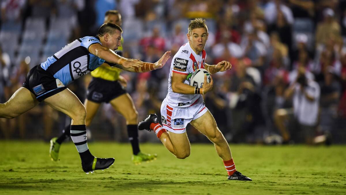 Learning each week: Dragons fullback Matt Dufty faces another high-quality fullback in Roger Tuivasa-Sheck on Saturday. Picture: NRL Photos. 