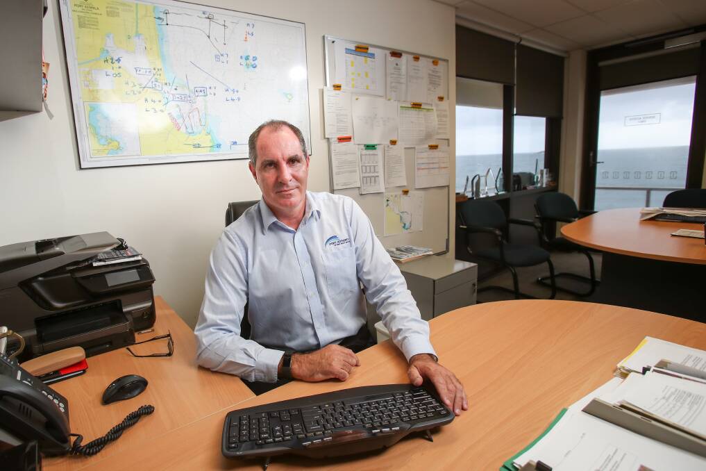 Port Kembla Harbour Master Kell Dillon in his office, which obviously comes with water views. Picture: Adam McLean