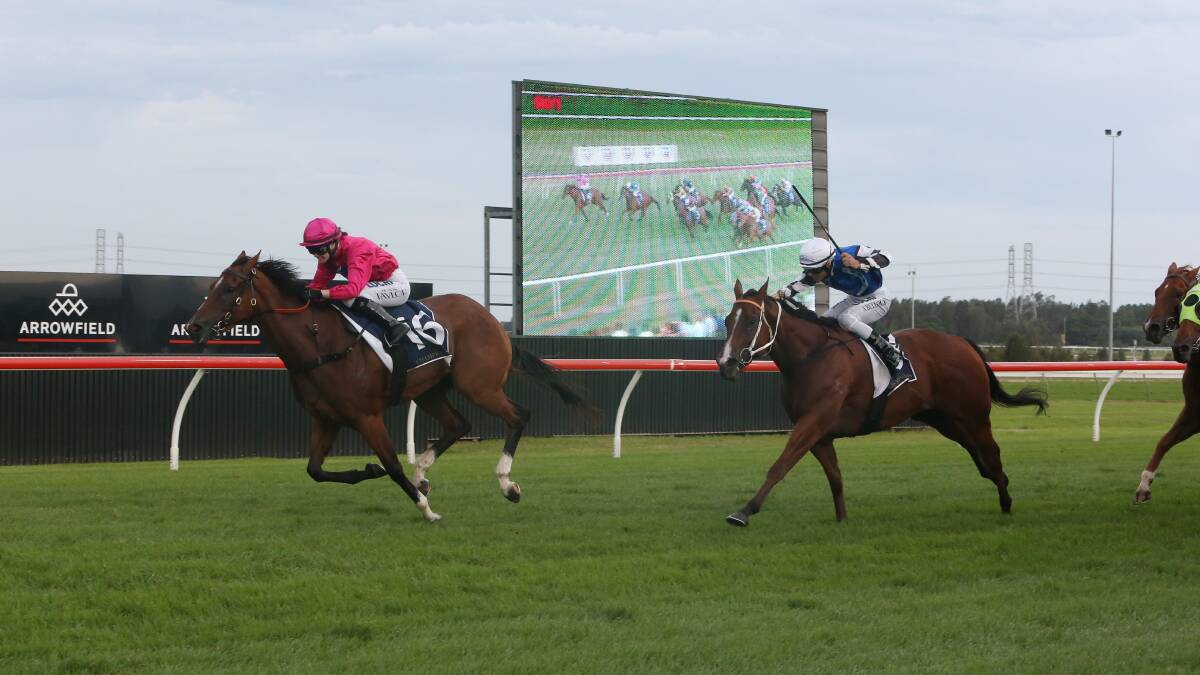 STRAIGHT TO THE FRONT: Jess Taylor pilots Mandylion past the post at Kembla Grange. Picture: Robert Peet