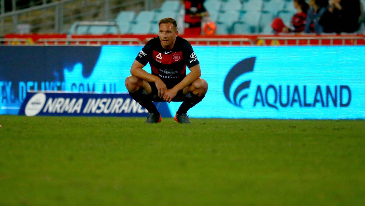 A LOT TO THINK ABOUT: Wanderers striker Brendon Santalab looks on after Western Sydney fell to Adelaide United last weekend. Picture: AAP Image/Jeremy Ng