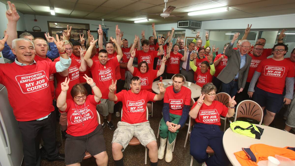 Celebration: The staff and supporters of Flagstaff, Greenacres and The Disability Trust claimed victory on Wednesday after a Fair Work decision on wage reform this week. Pictures: Robert Peet