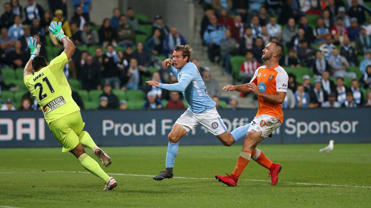 Nick Fitzgerald of Melbourne City scores during the A-League Elimination Final. Picture: AAP Image/George Salpigtidis