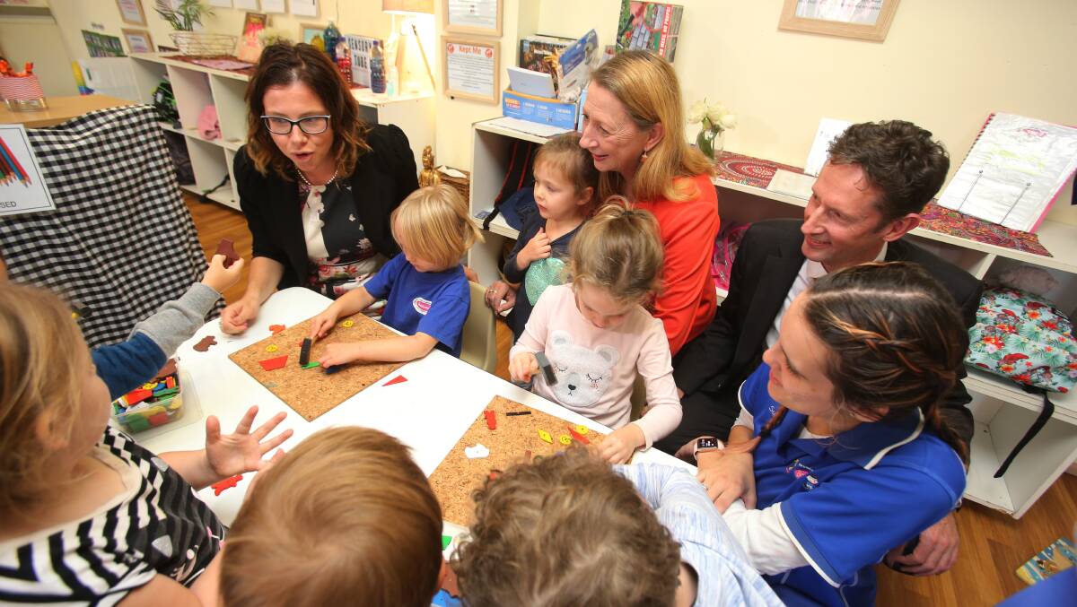 BIG KIDS: Labor politicians Sharon Bird and Stephen Jones with Shadow Minister for Early Childhood Education and Development Amanda Rishworth at the Boombalee Kidz centre. Picture: Robert Peet.