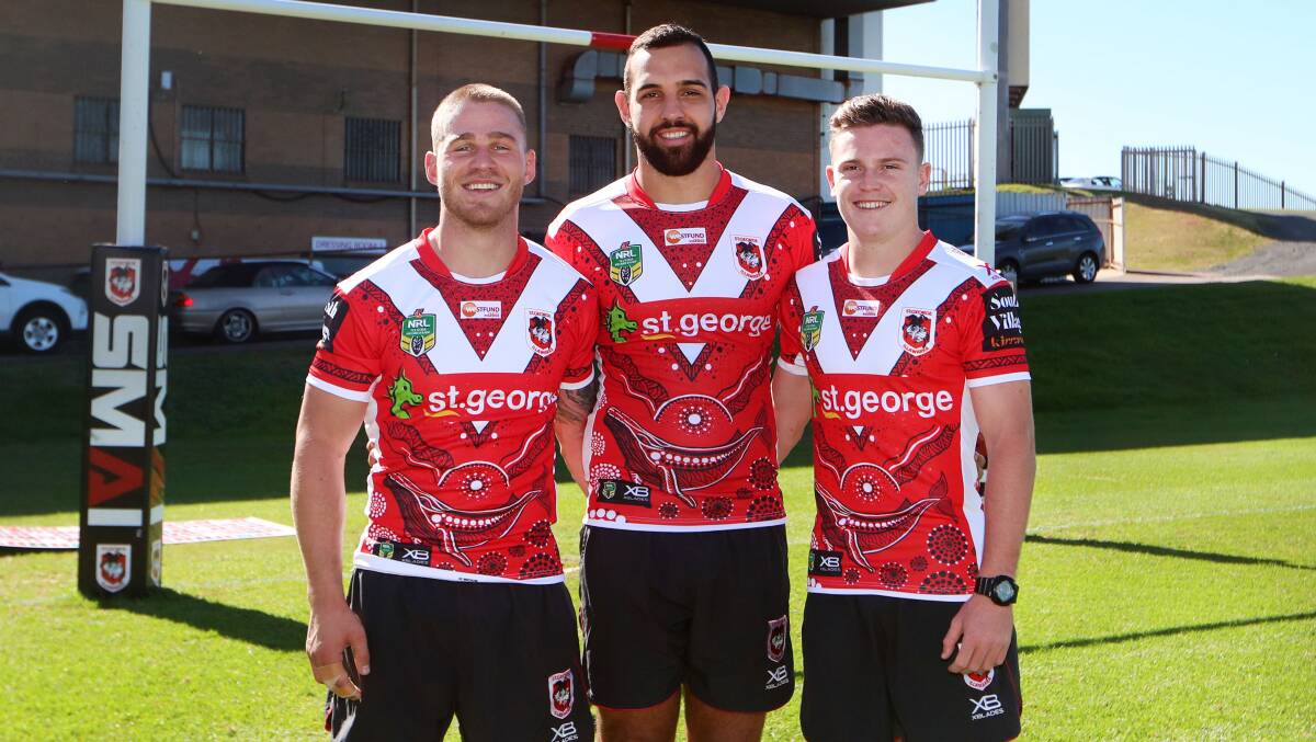 Stepping up: Euan Aitken, Josh Kerr and Jai Field show off the Dragons jersey for next week's Indigenous Round. Picture: Sylvia Liber. 