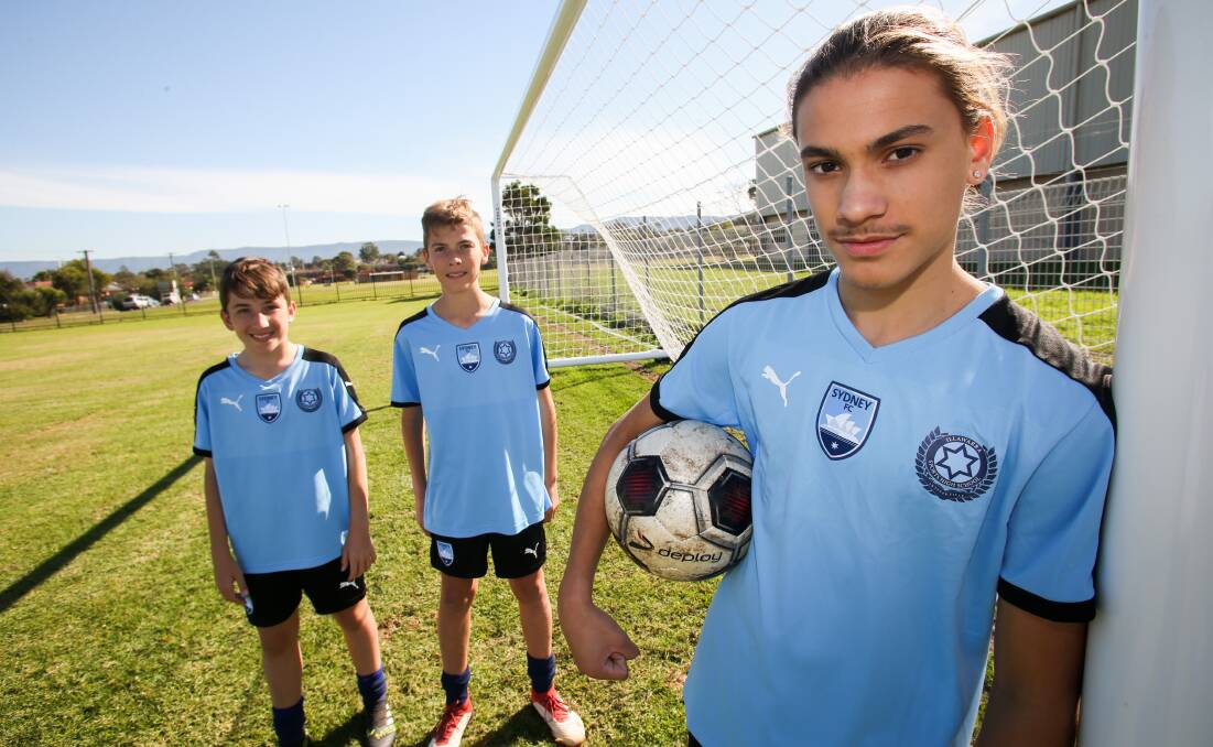 Japan bound: Liam Hoyn (left), Thomas Cleverly and Tony Krstevski will fly out to Shonan with the Sydney FC Academy side. Picture: Georgia Matts.