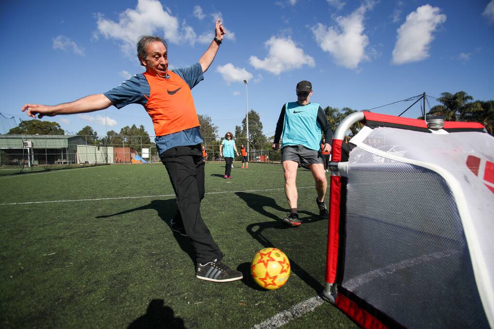 COME AND TRY: Joe Seco taking a shot at the goal while taking part in the walking football game at the Fraternity Club aiming to get over 50's active. Picture: ADAM McLEAN