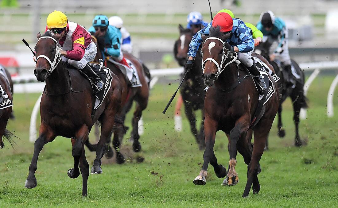 Derby dream: Kerrin McEvoy rides Youngstar (right) to victory the Queensland Oaks at Doomben. Picture: AAP Image/Albert Perez