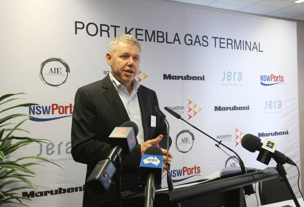 Australian Industrial Energy CEO James Baulderstone at Monday's announcement that it wants to build a gas terminal at Port Kembla. Picture: Robert Peet
