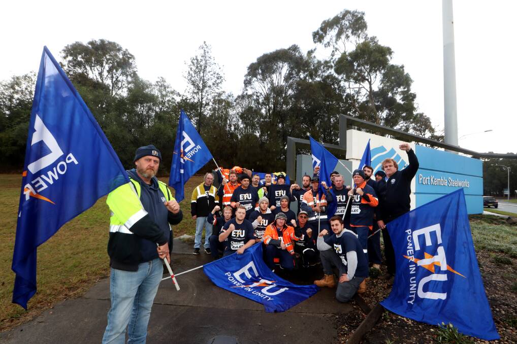On strike: Union organiser Steve Banks with Downer Group workers employed at BlueScope picketing for a better pay deal. Picture: Sylvia Liber