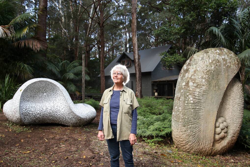 Gaby Porter with Shellpod (left) and Genesis (right). Both will remain for public viewing at Sharkeys and UOW. Picture: Adam McLean