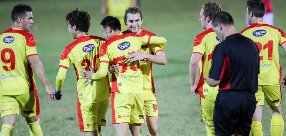 Time to deliver: Wollongong United's Kazuto Kushida after a goal earlier this season. Picture: Adam McLean