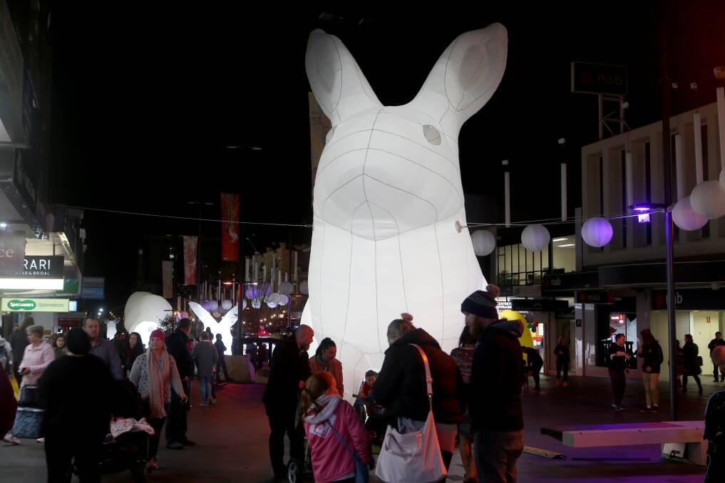 FLASHBACK: 'Nights on Crown' was a council initiative to bring people into the mall during winter and featured giant glowing rabbits by artist Amanda Parer in June. Picture: Sylvia Liber