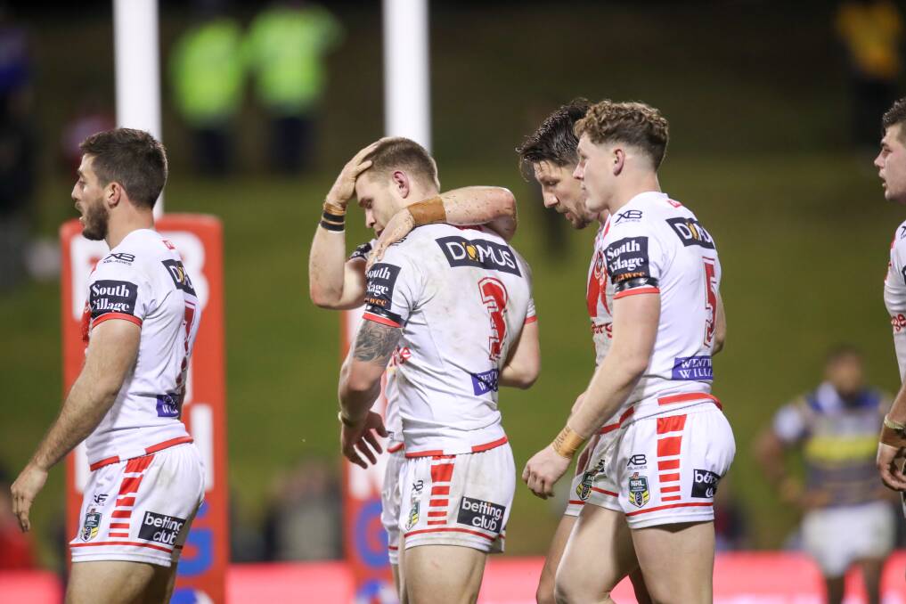 FEELING THE PINCH: The Dragons battled representative round fatigue to edge out Parramatta 20-18 on Thursday night. Picture: Adam McLean. 