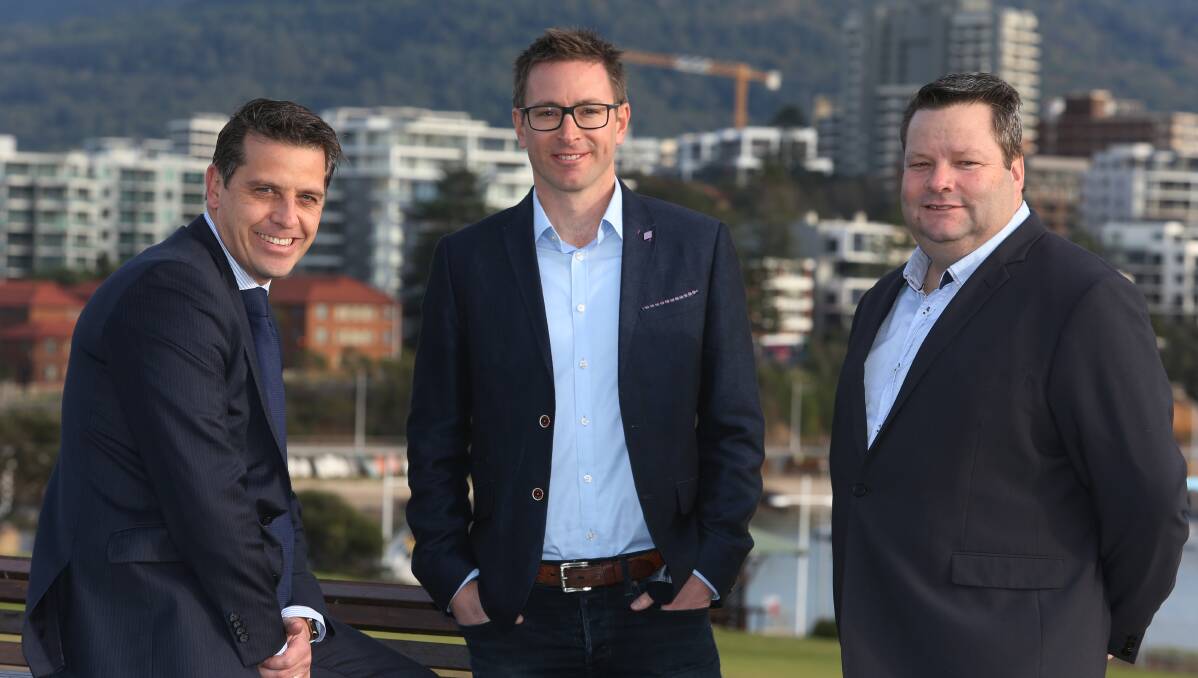 Shared goal: Keira MP Ryan Park, Dr Alex Hains and Illawarra Mercury editor Julian O'Brien. Picture: Robert Peet