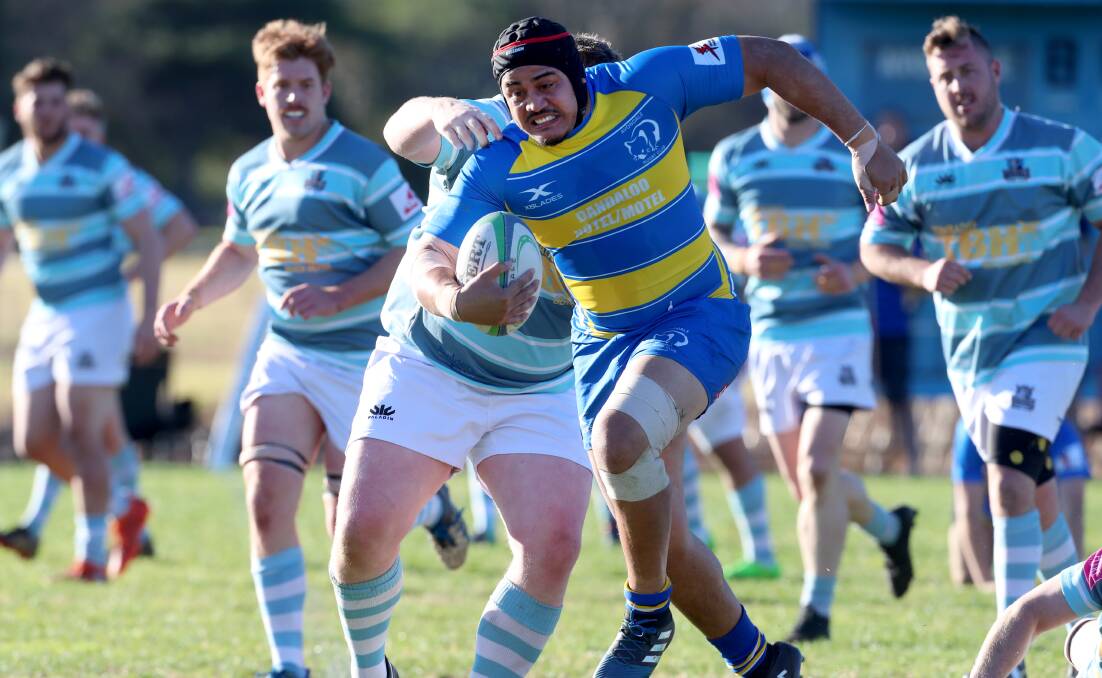 Hard to stop: Bowral face a big challenge slowing down Avondale number eight Taiti-Taanoa Tuumuliileuao on Saturday. Picture: Sylvia Liber.