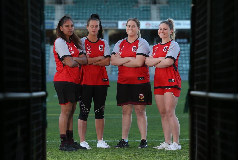HOME-GROWN: New Dragons signings Shakiah Tungai, Talia Atfield, Georgie Brooker and Keely Davis at WIN Stadium. The quartet are all recent graduates of the club's seven-week High Performance Unit program. Picture: Robert Peet