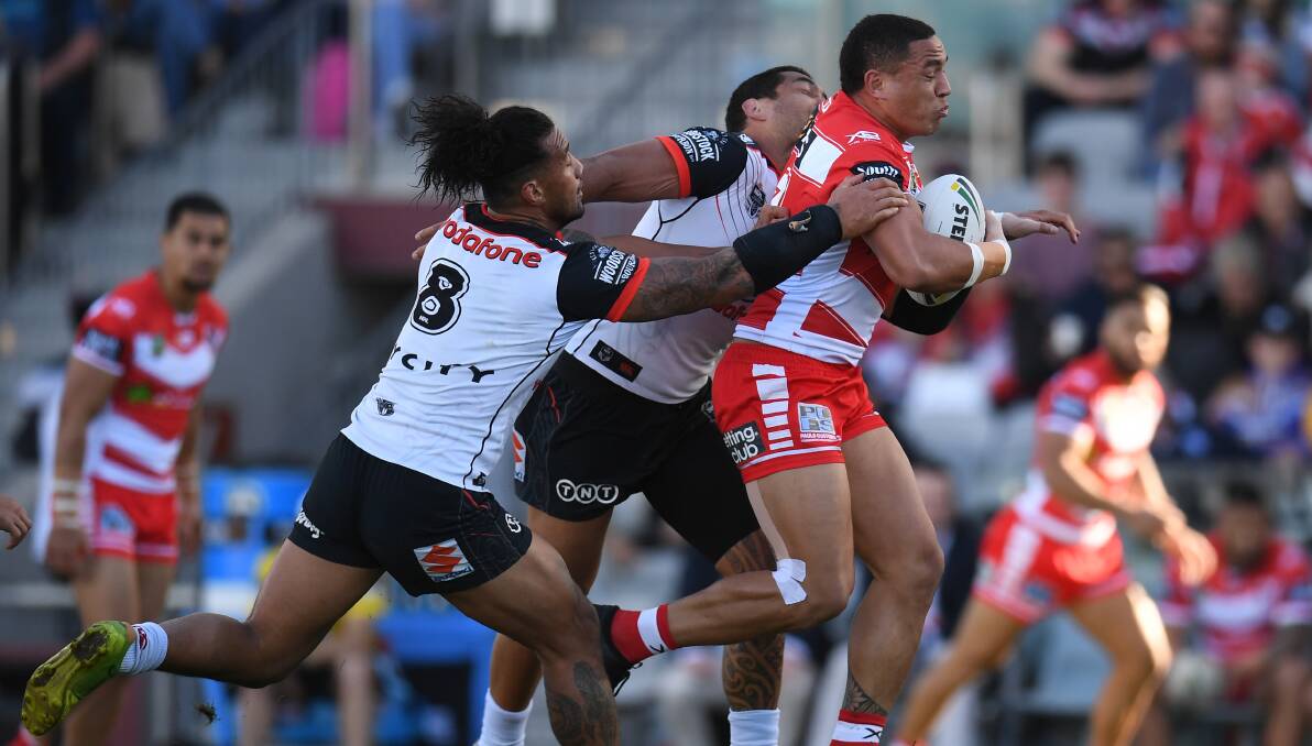 On the charge: Tyson Frizell is confident the Dragons are building towards their best. Picture: AAP Image/Dean Lewins. 