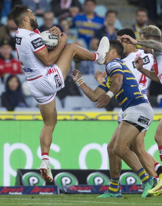 OUCH: Jarryd Hayne cops an accidental foot in the face from Jordan Pereira in round 22 last season. Picture: AAP