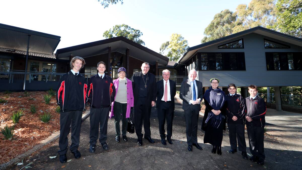 WARUGA HOUSE: Edmund Rice College students with Aunty Barbara Nicholson, Bishop Brian Mascord, Peter McGovern, Gareth Ward and Mary Costello at the opening of the new creative arts building. Picture: Sylvia Liber.