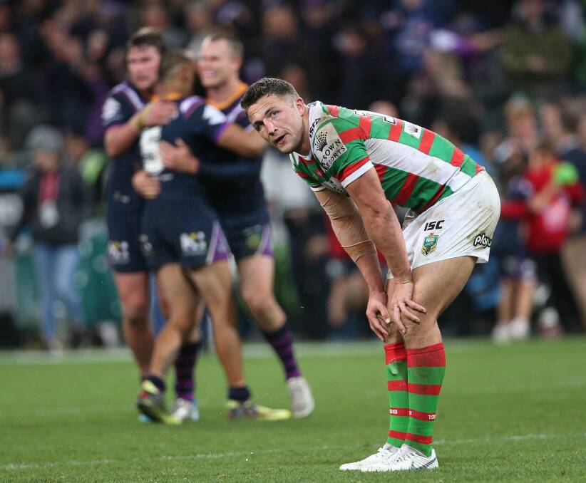 TOUGH NIGHT: A dejected Sam Burgess after the Rabbitohs' one-point loss to Melbourne last week. Picture: AAP