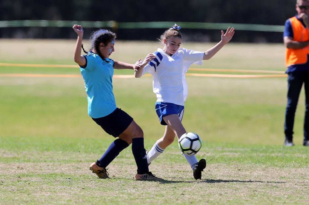Challenge: Shellharbour's Raquel Withers attempts to slow Thirroul's Chloe Provost during Sunday's grand final. Picture: Robert Peet.